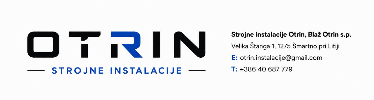 Celoten predstavitveni napis podjetja Strojne instalacije Otrin s kontaktnimi podatki.